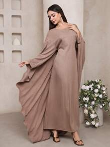 Veilorie 女士纯色落肩长袖宽松休闲连衣裙 - 卡其色 - 查看 3