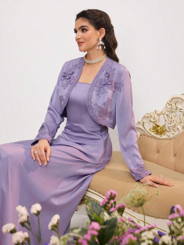 Al Najma Women's Applique Decor Long Sleeve Top And Dress Arabic Style 2pcs Outfit