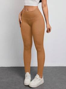 SHEIN Essnce Women's High Waist Skinny Stretchy Knit Casual Versatile Jeans - Orange - View 6
