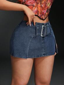 SHEIN BAE 女士时尚迷你牛仔裙 - 藍色 - 查看 4