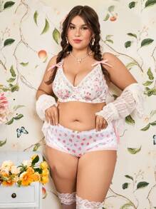 加大码碎花蕾丝边钢圈内衣文胸 - 白色 - 查看 4