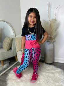 SHEIN Leap Crew SLAYR KIDS SLAYR KIDS Young Girls Colorful Leopard Print Round Neck Short Sleeve Top And Leopard Print Pants Set, Casual Everyday Outfits