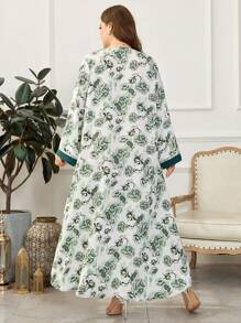 Al Najma Vestido simple y elegante con estampado de flores dispersas y parches, en talla grande, estilo árabe - Verde Oscuro - Ver 2