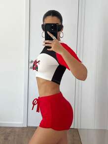 EgrlEra Women's Fashion Versatile Drawstring Print Red Shorts - Red - View 4