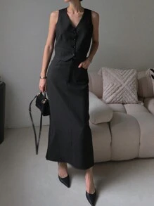 DAZY Conjunto de 2 piezas de chaleco y falda de unicolor para uso casual y de oficina para mujeres