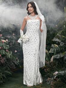 SHEIN Belle 女士水钻花卉吊带连衣裙，适合婚礼和其他服装 - 白色 - 查看 7