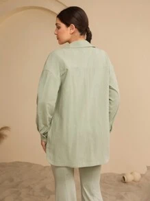 Lacomfia 女士休闲纯色长袖衬衫 - 綠色 - 查看 6