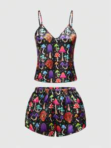 ThisUniqueVibe Magical Colorful Mushroom Print Camisole & Shorts Satin Pajama Set, Casual Loungewear