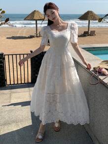 DAZY Women's Bohemian Style Lace Puff Sleeve Waist-Defined Mid-Length Dress Sundress - White - View 7