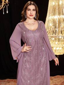 Al Najma Plus Size Women's Arabic Retro Style Luxurious Beaded Embroidered Elegant Simple Dress,Modest - Dusty Pink - View 4