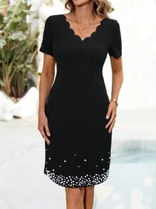 EMERY ROSE 女士珍珠装饰弧形下摆 V 领短袖休闲迷你连衣裙 - 黑色 - 查看 7