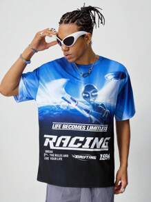 ROMWE MEN Street Life 男士圆领短袖字母印花 T 恤，休闲日常穿着 - 彩色 - 查看 5