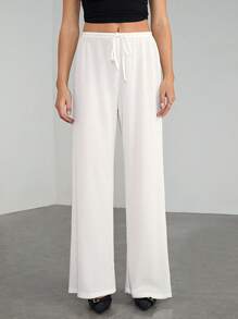 SHEIN Tall Soft White Knitted Waffle Lounge Lounge Pants, Loose Wide Leg Pants - White - View 6