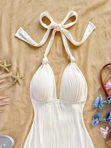 Soleia Vestido mini ajustado de punto texturizado con escote en V, cintura anudada, volantes en el bajo, apropiado para vacaciones, fiesta, citas, tarde de té, playa, verano