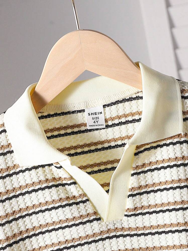 SHEIN Explorewe 2pcs/Set Young Boys' Casual Collegiate Waffle Stripe Knit V-Neck Polo Shirt,Back-To-School Summer 80s School Top For 4-7 Years Old Boys,Daily Wear - Multicolor - View 6