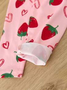 SHEIN Bộ 2 món/Bộ áo thun tay ngắn cổ tròn in họa tiết dâu tây và quần legging in họa tiết cho bé gái - Hồng - Xem 6