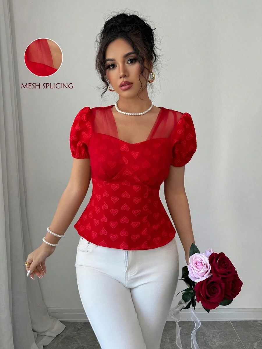 Elenzga Slim-Fit Women's Short Sleeve Bohemian Heart Pattern Mesh Shirt, Suitable For Spring/Summer Vacation - Red - View 1
