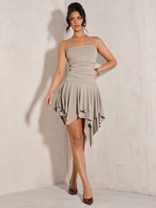 SHEIN BAE Gaun Rajut Viscose Polos Wanita Nyaman Serbaguna Minimalis untuk Sehari-hari dengan Hem Berkerut Asimetris, Musim Semi/Panas - Grey - View 1