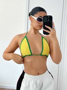 EgrlEra Women's Hipple Style Streetwear Adjustable Crocheted Knit Crop Top For Spring & Summer Going Out Tops - Yellow - View 6