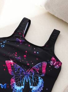 Girls' One-Piece Butterfly Swimsuit, Black With Colorful Print, Summer Beachwear - Multicolor - View 7