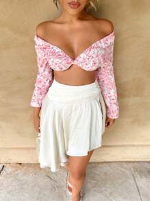 Zolique Camisa corta de hombros descubiertos con estampado floral completo y detalle retorcido, informal para vacaciones - Rosa - Ver 5