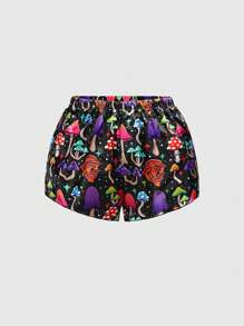 ThisUniqueVibe Magical Colorful Mushroom Print Camisole & Shorts Satin Pajama Set, Casual Loungewear