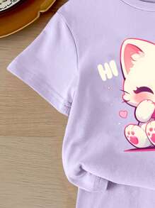 SHEIN Leap Crew Baby Girl Casual Minimalist Short Sleeve & Shorts Set, Suitable For Summer - Mauve Purple - View 4