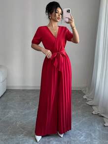Elenzga New Puff Sleeve Short Sleeve Tied Cinched Waist Long Wide Leg Jumpsuit For Women