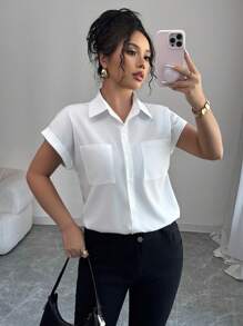 Elenzga 女士白色短袖衬衫，简约设计，轻盈宽松复古香港风格无袖衬衫 - 白色 - 查看 5