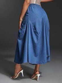SHEIN BAE Women's Elastic Waist Long Casual Denim A-Line Skirt - Blue - View 2