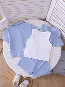 Conjunto de 4 piezas para bebé/niño pequeño para verano: Camiseta blanca, camisa a cuadros, pantalones cortos, gorra - Ideal para vacaciones, juego, uso diario casual