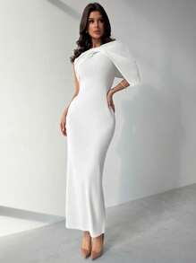 Firerie Đầm trang trí nơ tối giản thanh lịch dành cho nữ, phù hợp cho những dịp thường ngày hoặc tiệc tùng ngày lễ, đầm dài ôm sát - trắng - Xem 2