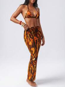 Swim EVENT Summer Sexy Hippie Hottie Y2K Style, Fashionable Hot-Selling Printed Long Dress Outer Gauze, Neck-Tie String Bikini 3-Piece Set For Easter Party - Multicolor - View 3