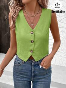 SHEIN LUNE Boho Women Clothing  Women Single-Breasted Casual Office Lady Vest Shirt - Green - View 2