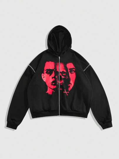 Street Life Men's Portrait Print Detachable Sleeve Loose Sweatshirt Hoodie