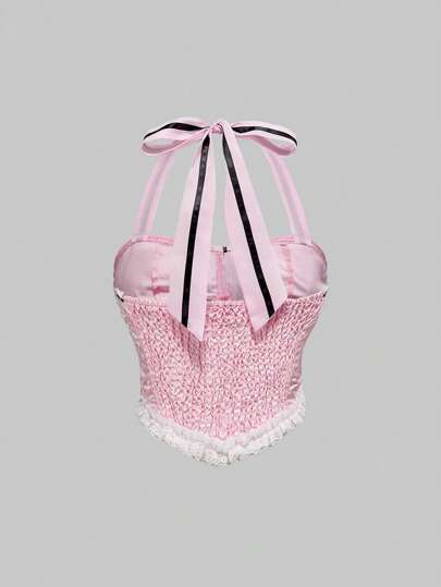 Kawaii Débardeur style palais avec encolure ras-du-cou, colorblock, nœud papillon autoportant, dos nu, rose
