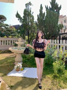 DAZY 女士甜美设计系带蝴蝶结碎花网纱泡泡袖露脐上衣度假风 - 彩色 - 查看 4