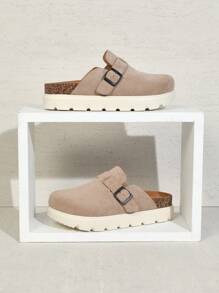 SHUZIA 畅销女式仿制鞋 舒适度极佳 带扣带 圆头 厚底 凸纹鞋底 绒面革 沙色木屐 - 杏色 - 查看 2