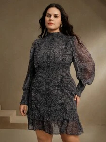 Anewsta 女式大码编织金银丝透视雪纺时尚印花袖领荷叶边黑色优雅长袖连衣裙波西米亚风，女士春季服装 - 黑色 - 查看 1