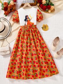 SHEIN Tween Girl 休闲斋月女孩印花泡泡袖上衣和花卉裙套装 - 白色 - 查看 6