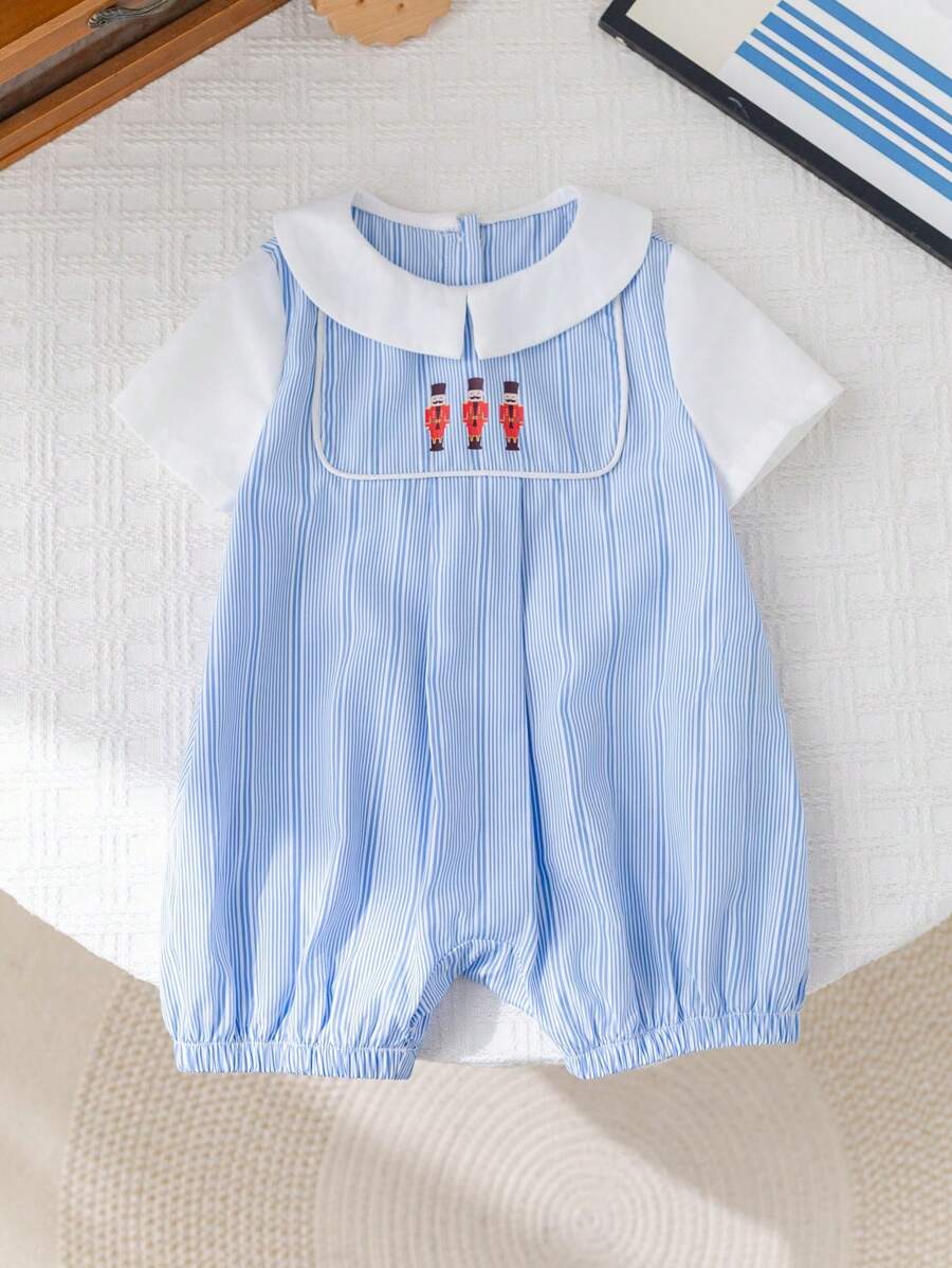 Bộ đồ liền thân sọc xanh sọc đơn giản mùa hè dễ thương cho bé trai sơ sinh, thích hợp cho tiệc sinh nhật, dạ hội, biểu diễn, đám cưới, lễ kỷ niệm một tháng, lễ rửa tội và sinh nhật lần thứ 1, tiệc mừng em bé - Nhiều màu - Xem 1