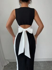 Selianne Women's Hollow-Out Bowknot Back Black & White Contrast Square Neck Sleeveless Long Dress, Elegant Casual, Spring/Summer - Black and White - View 2