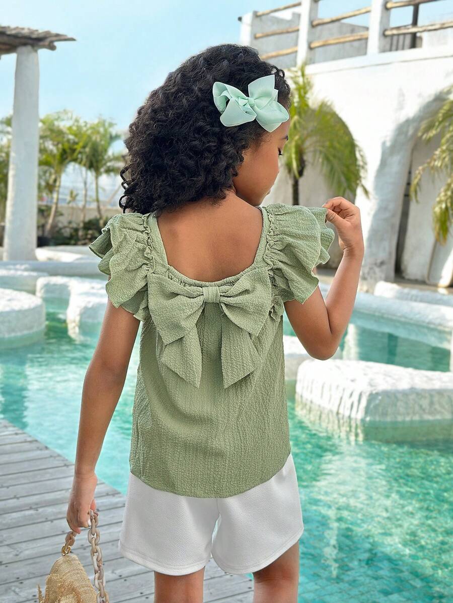 年轻女孩度假休闲时尚纯色圆领套头衫 - 綠色 - 查看 1