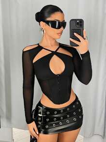 SHEIN ICON Fashionable Sexy Long Sleeve Mesh Panel Cut-Out Cold Shoulder Crop Top Spring Outfits For Women Summer Concert Outfit Women Easter Women St Patrick Day Outfit