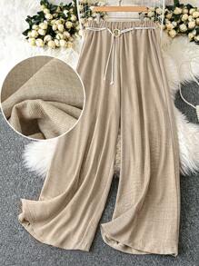 DreamSkyne New Loose Fit Summer Lightweight Silky Flowy Wide Leg Pants With Drawstring Waist And Wood Ring Belt, Slimming
