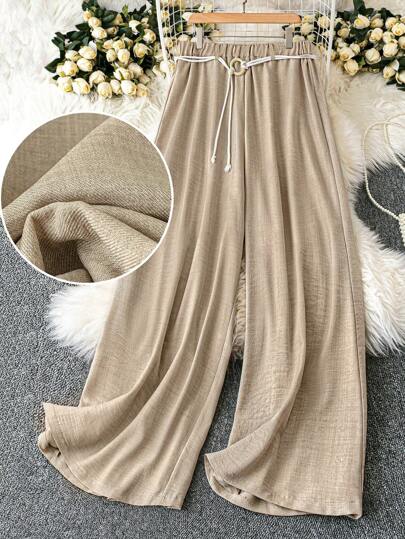 DreamSkyne Pantalones anchos de verano con ajuste holgado, ligeros y fluidos de seda, con cintura con cordón y cinturón de anillo de madera, adelgazantes