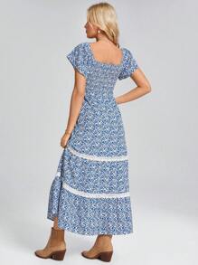 SHEIN LUNE Rochie de damă, primăvară/vară, cu mâneci scurte, cu decolteu pătrat, cu flori - Albastru si alb - Vizualizare 2