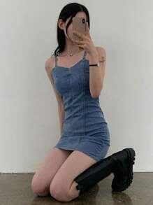 DAZY Women's Stretchy Denim Mini Wrap Dress, Spring/Summer Sundress - Dark Wash - View 4