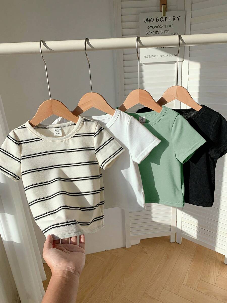 SHEIN Bộ 4 áo thun dài tay kẻ sọc dệt kim co giãn đa năng cho bé trai, thích hợp cho mùa xuân/hè, trong nhà và ngoài trời - Đen và trắng - Xem 1