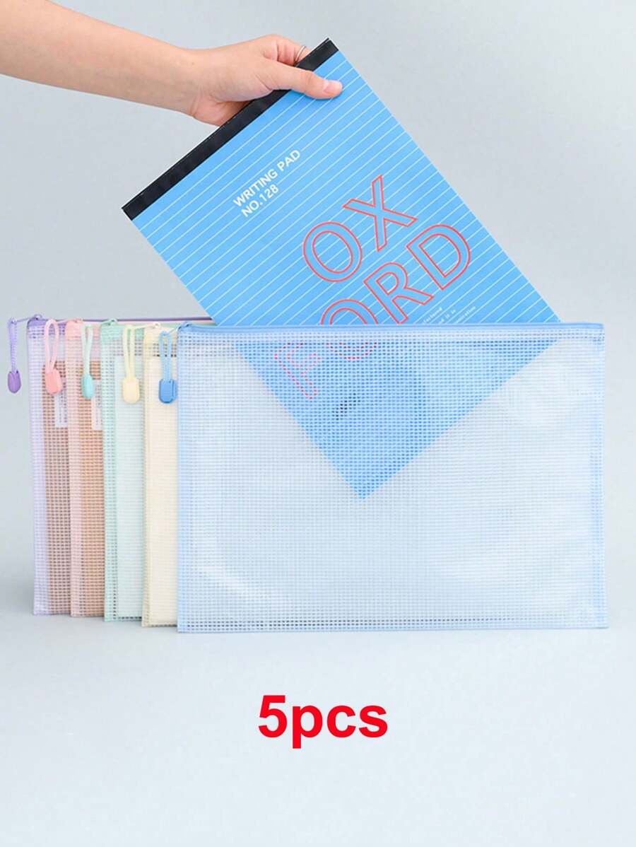 5 件套马卡龙色网眼拉链袋套装，适用于 A4/A5/A6 尺寸，PVC 透明防水材质，多功能收纳，可存放教科书、纸张、文具等。简约设计，容量大，适用于学校和办公用品。,返校,学校用品 - 彩色 - 查看 1